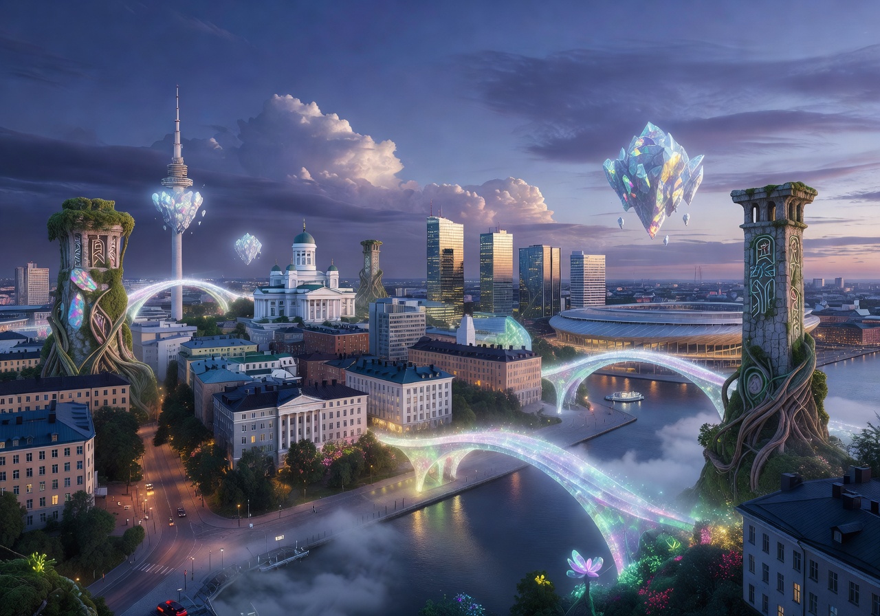 Helsinki skyline blending with fantasy elements